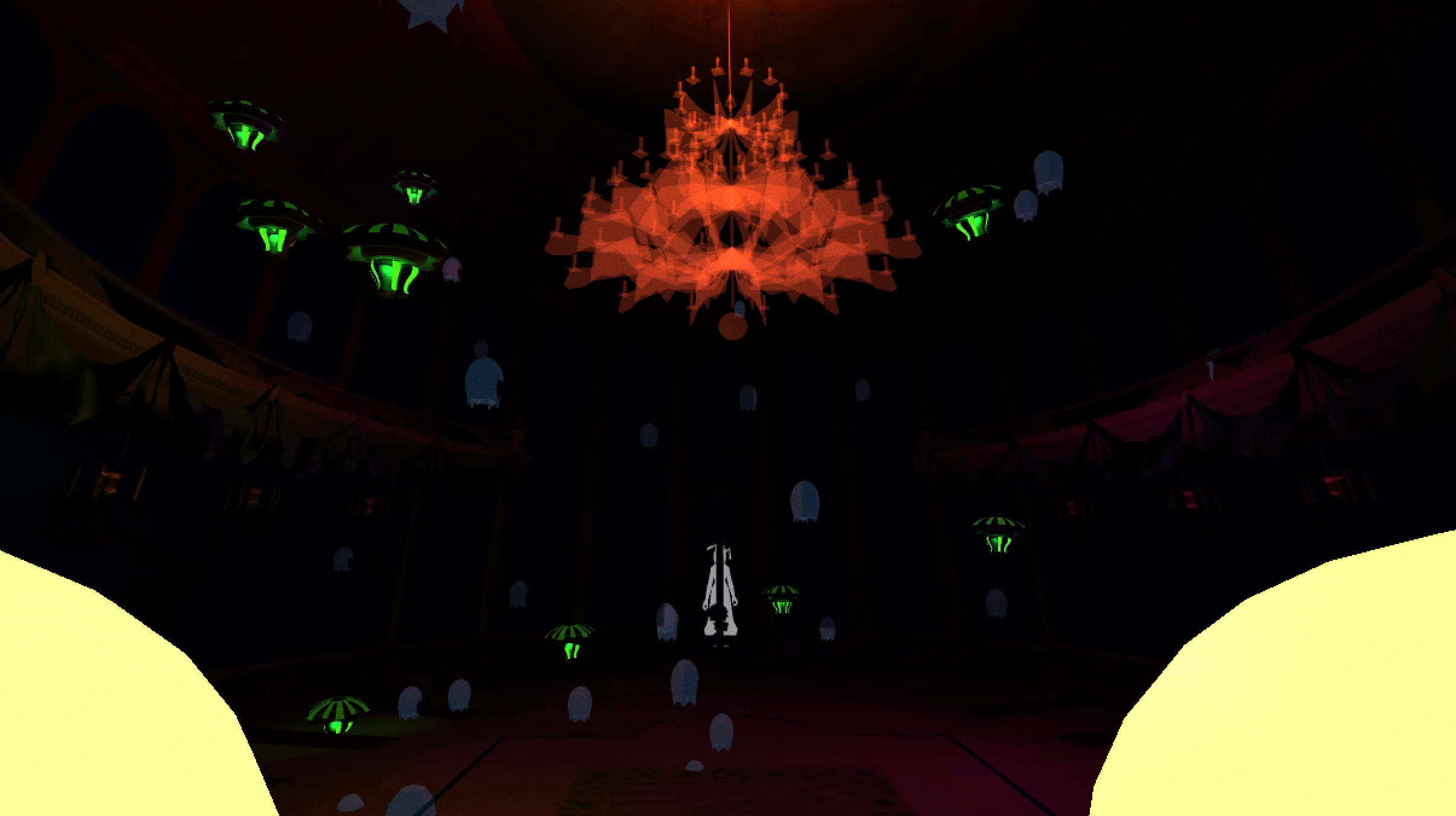 a massive chandelier gives off red light into an empty ballroom