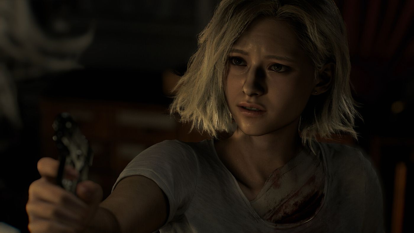 Claire from Resident Evil holds a gun and looks scared. Claire from Resident Evil holds a gun and looks scared.