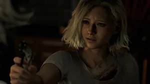 Claire from Resident Evil holds a gun and looks scared. Claire from Resident Evil holds a gun and looks scared.