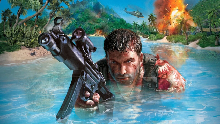 Box art for Ubisoft's Far Cry 1 featuring Jack Carver rising out of the water.