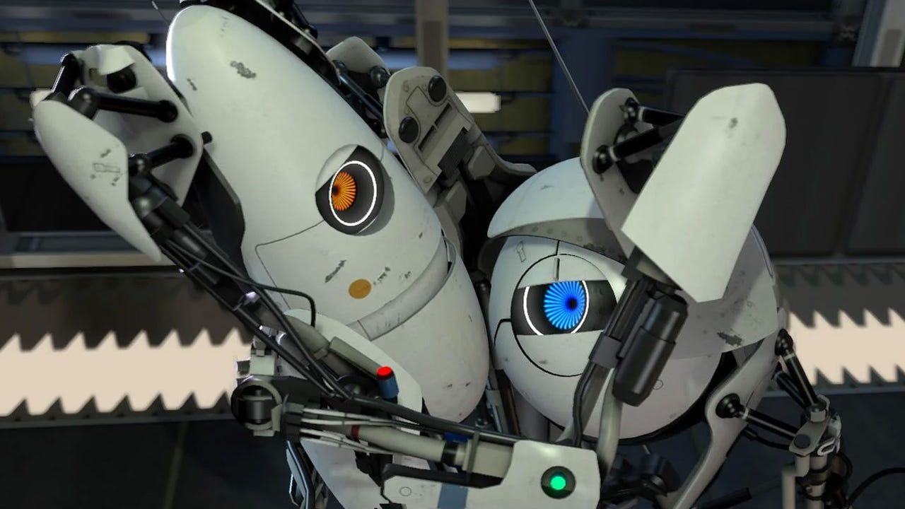 Portal 2 游戏截图,展示了游戏中的角色和关卡