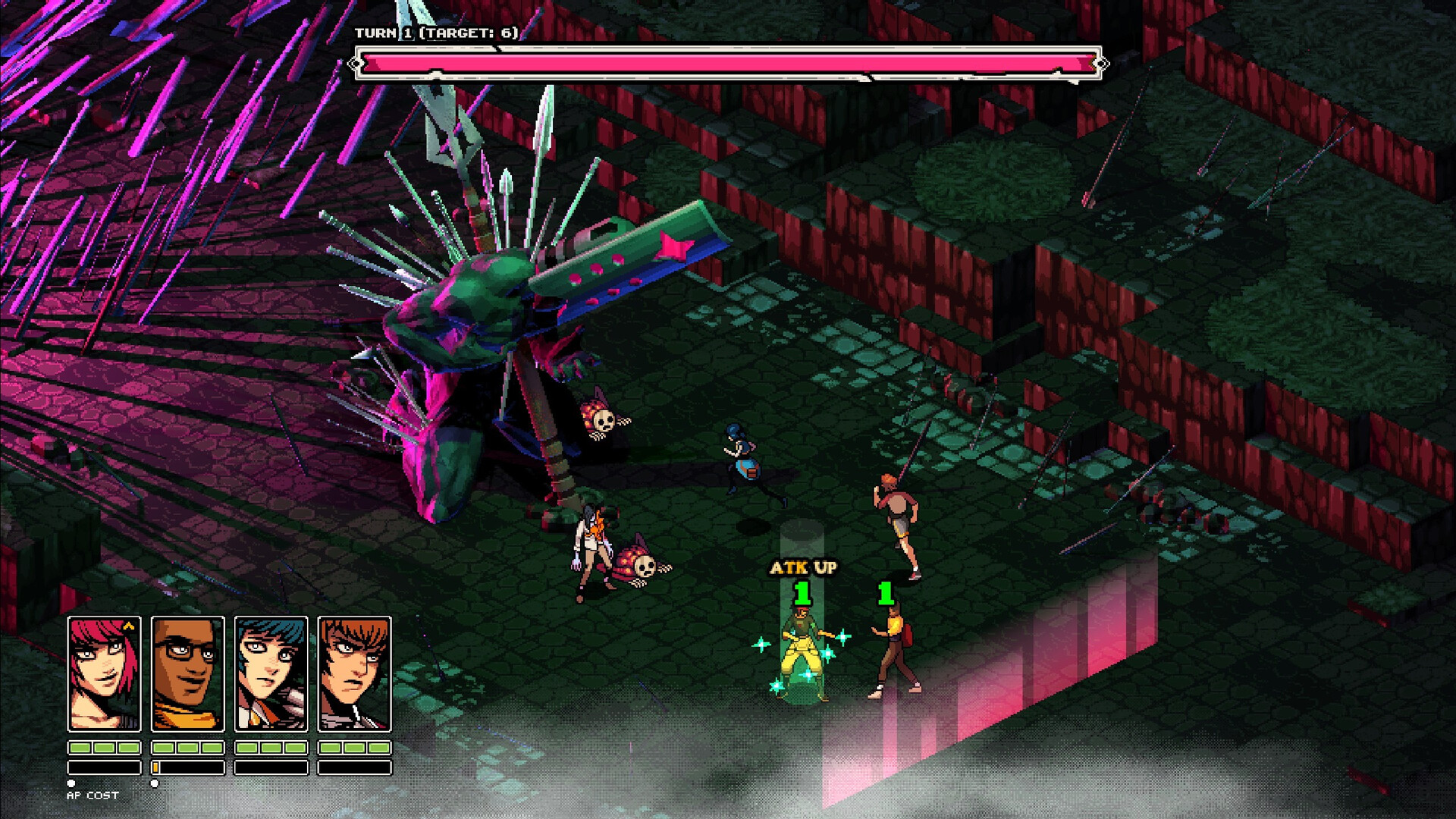 A screenshot from Demonschool. Several 2D animated characters face off against a 3D demon.