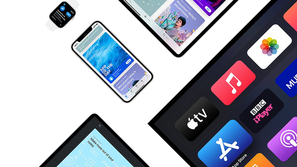Apple App Store logo and mobile gaming illustration