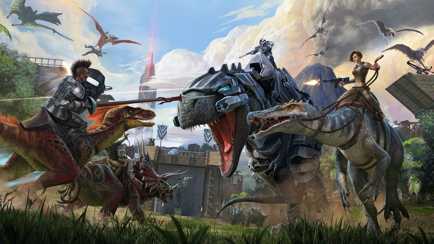 Key art for Ark: Survival Evolved, showing humans going to war while riding dinosaurs.