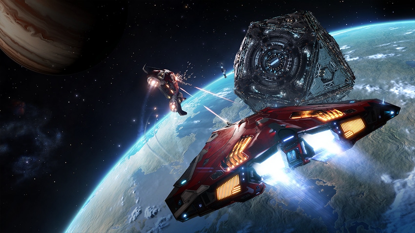 A screenshot from Elite Dangerous showing a ship flying towards a planet
