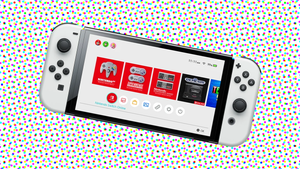 The Switch OLED Model on a stylised background
