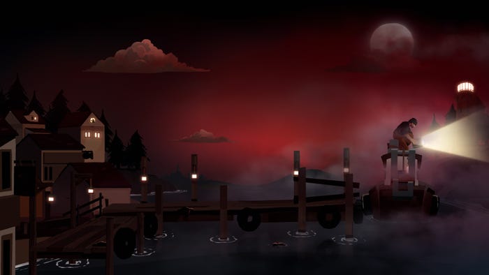 Dark night scene with fisherman character