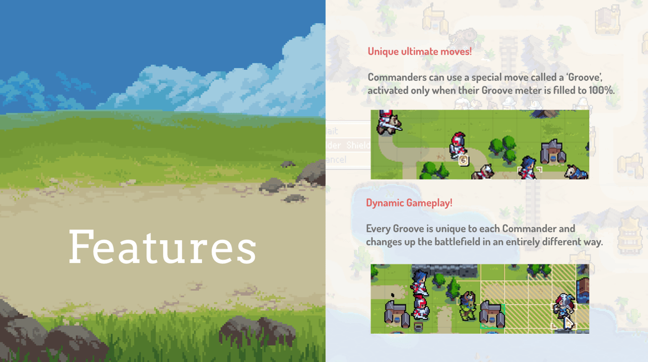 The 'features' slide from Chucklefish's mock Wargroove pitch deck The 'features' slide from Chucklefish's mock Wargroove pitch deck