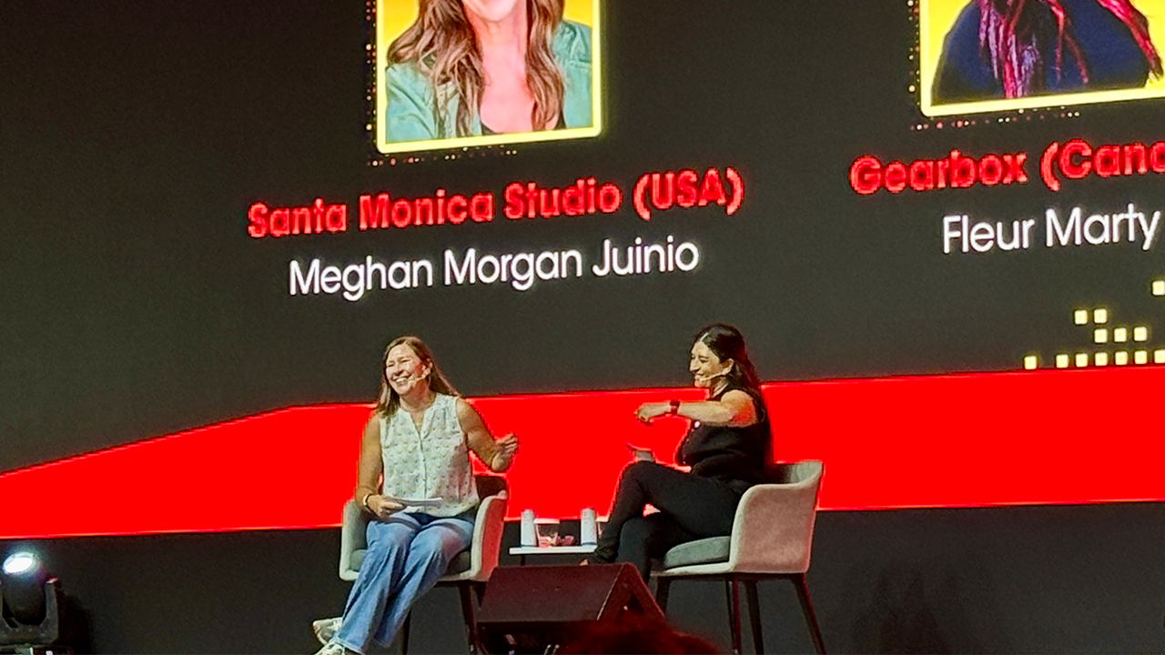 A photograph of Meghan Morgan Juinio and Fleur Marty on stage at Gamescom Asia x Thailand Game Show