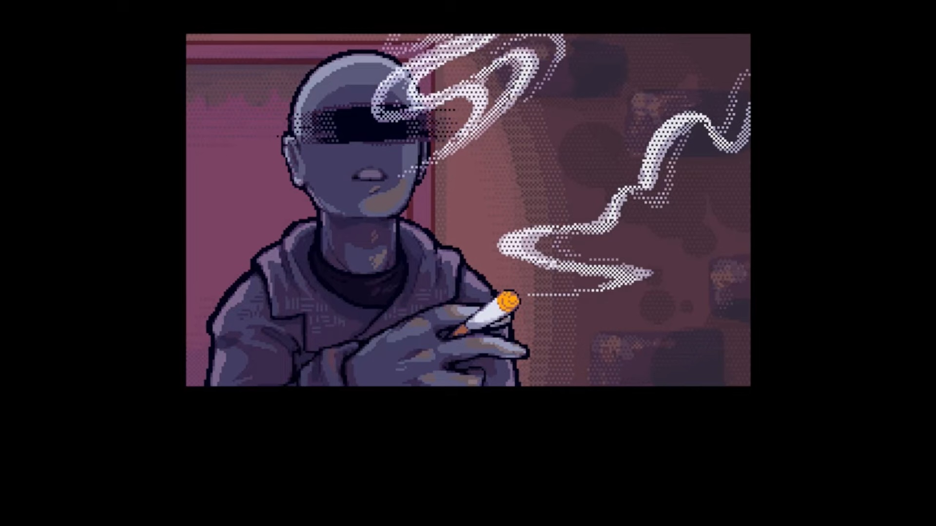 A person smoking. Their eyes are covered with scratched black lines, like someone has drawn over them with a marker