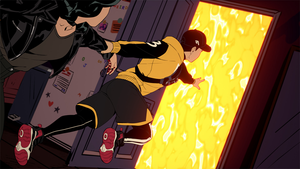 Grace is being pulled by the wrist through a doorway made entirely of yellow light by a person in sportswear and a cap.