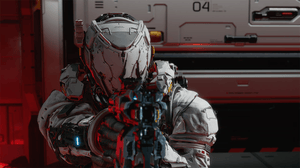 A human encased in futuristic armour points a weapon at an unseen enemy A human encased in futuristic armour points a weapon at an unseen enemy