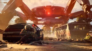 A soldier takes cover behind a rusted vehicle as a large, four-legged machine scans the area A soldier takes cover behind a rusted vehicle as a large, four-legged machine scans the area