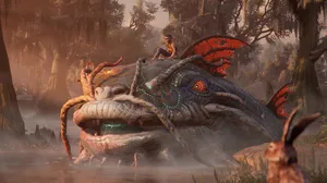 A giant catfish carries player character Hazel down a river in South of Midnight. A giant catfish carries player character Hazel down a river in South of Midnight.