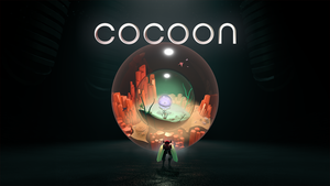 Key artwork for Cocoon showing a strange creature peering into worlds