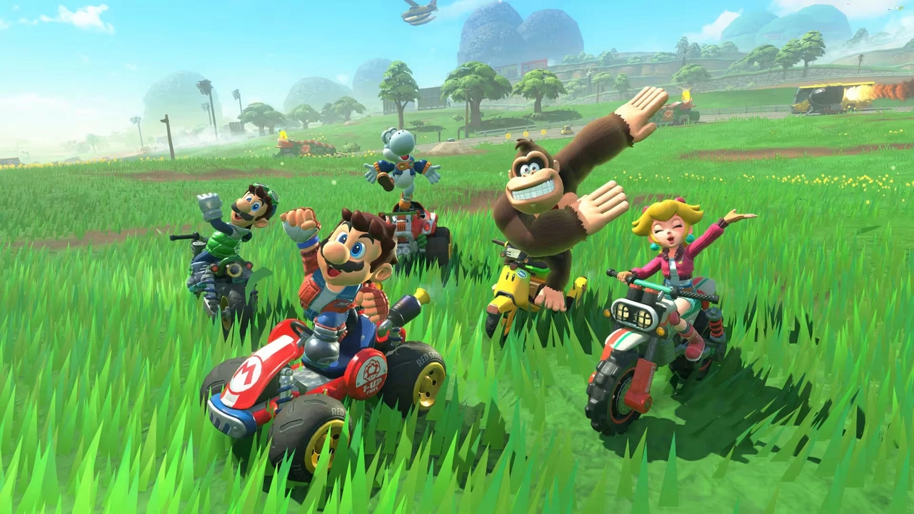 A group of characters pose for a selfie in their cars in Mario Kart World A group of characters pose for a selfie in their cars in Mario Kart World