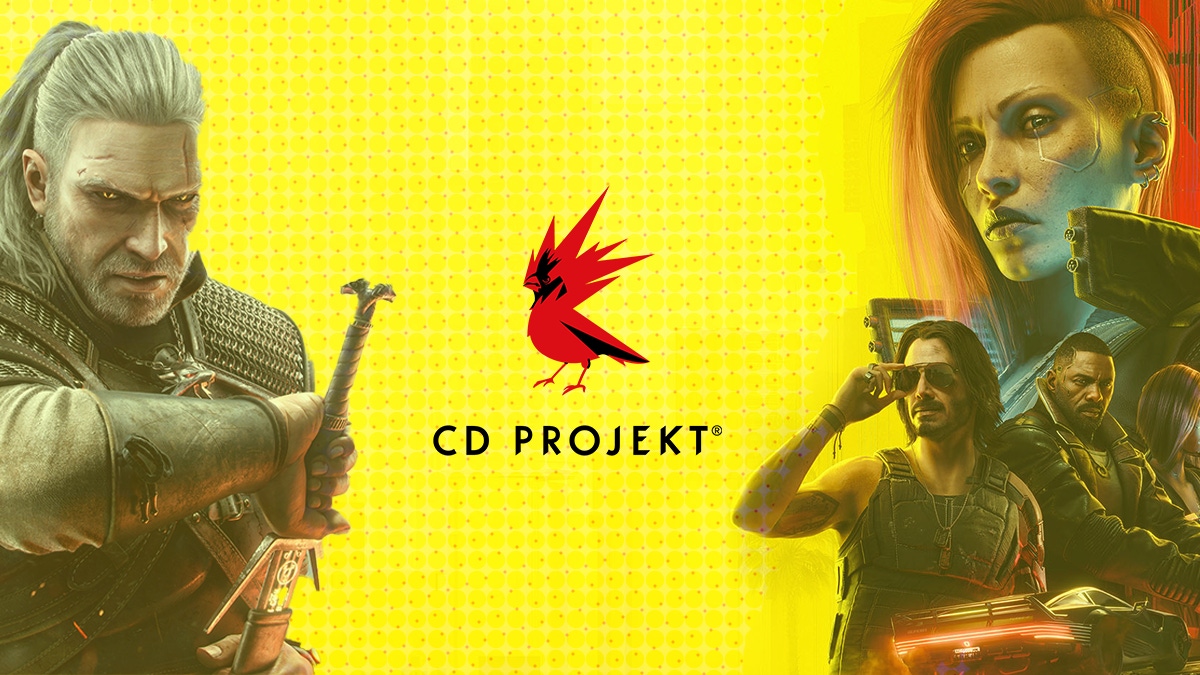 The CD Projekt logo flanked by The Witcher and Cyberpunk characters The CD Projekt logo flanked by The Witcher and Cyberpunk characters