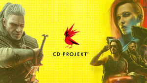 The CD Projekt logo flanked by The Witcher and Cyberpunk characters