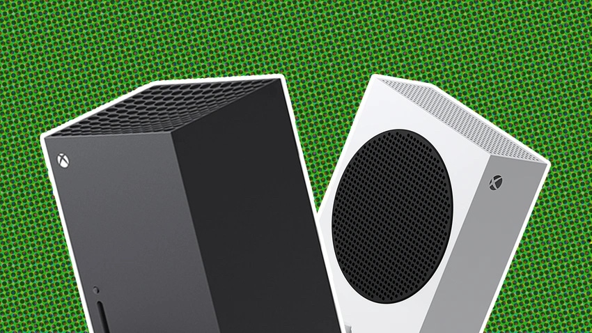 Xbox series S and series X consoles against a green backdrop