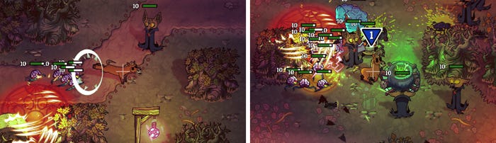 Two screenshots side by side, comparing a forest scene with very few enemies to one with several. In both, the player character is centered in the screen.