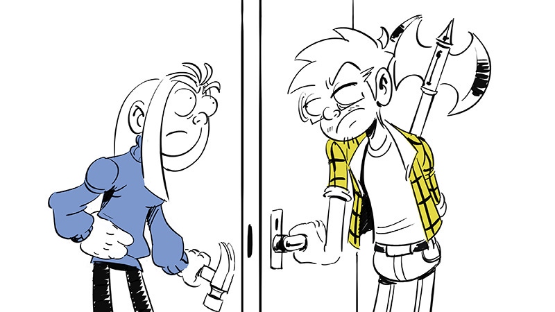 Two comic strip characters stand on the other side of the door. The woman holds a hammer. The man holds a battle axe.