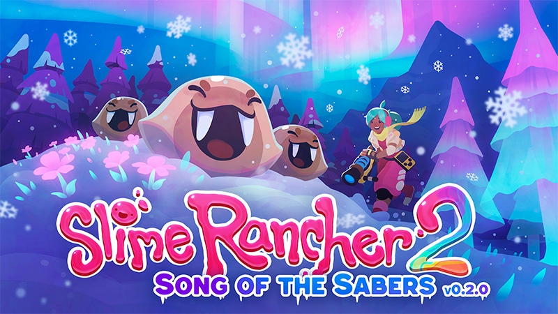 Promotional art for Slime Rancher 2's Song of the Sabers update, featuring colorful Slime Characters and protagonist Beatrix.