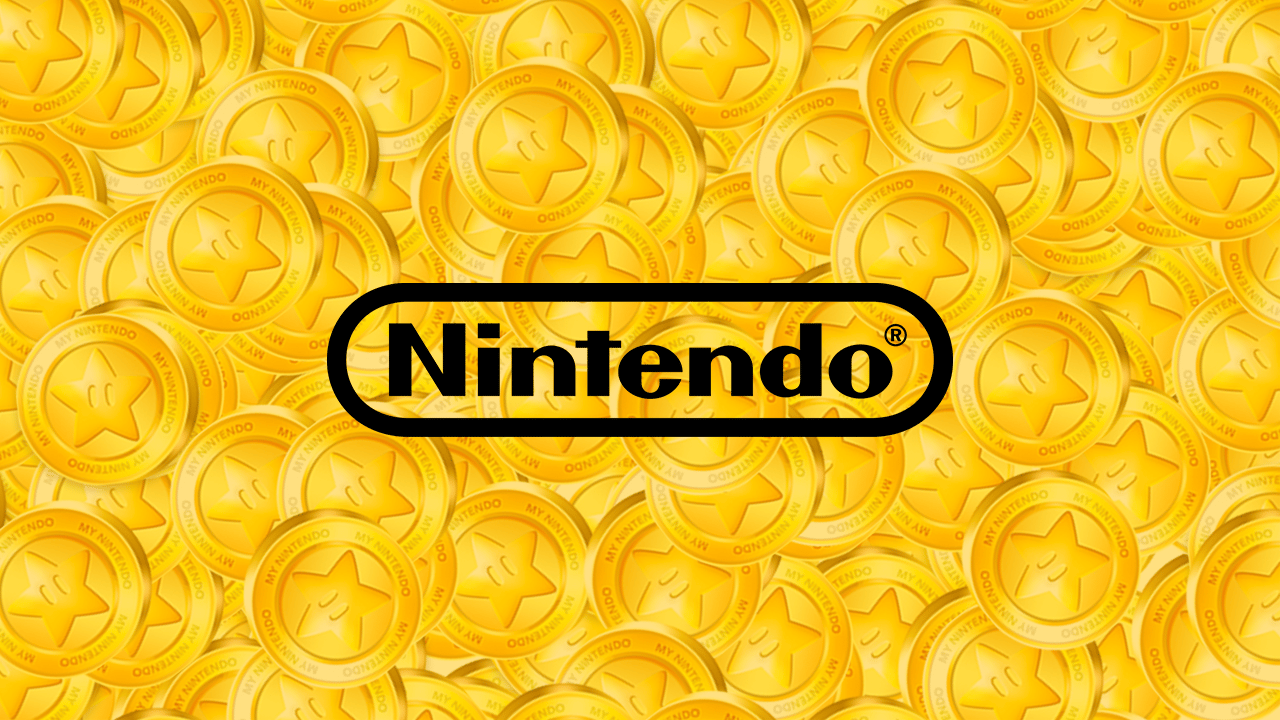The Nintendo logo (black) overlaid on an image of coins representing My Nintendo Gold Points The Nintendo logo (black) overlaid on an image of coins representing My Nintendo Gold Points
