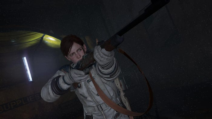 Ellie from The Last of Us Part II wearing a spacesuit raises a rifle.