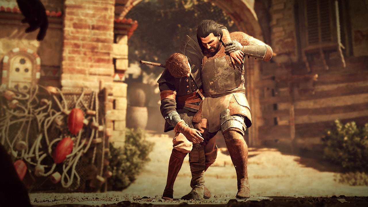A screenshot from GreedFall 2 showing an injured character being assisted by another A screenshot from GreedFall 2 showing an injured character being assisted by another