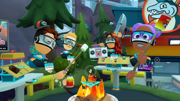 Four players hang out around a campfire in Dimensional Double Shift. Four players hang out around a campfire in Dimensional Double Shift.