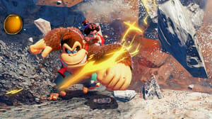 Donkey Kong punches a rock while Paulina rides his back. Donkey Kong punches a rock while Paulina rides his back.