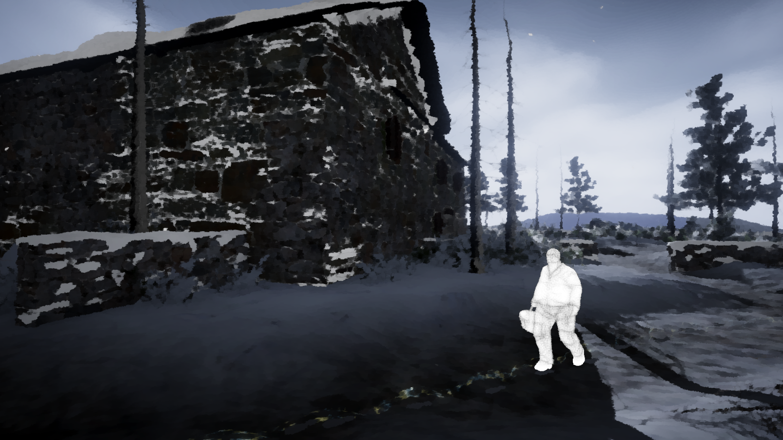 a person dressed all in white walks through the snow near an old stone building