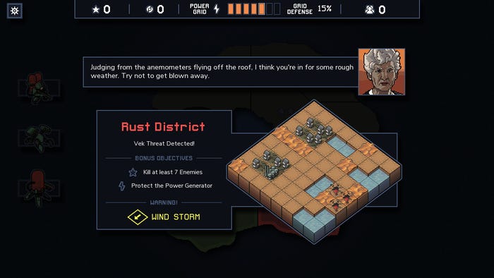 Un responsabile di zona in Into the Breach informa i giocatori su una missione nel Distretto Rust. Un responsabile di zona in Into the Breach informa i giocatori su una missione nel Distretto Rust.