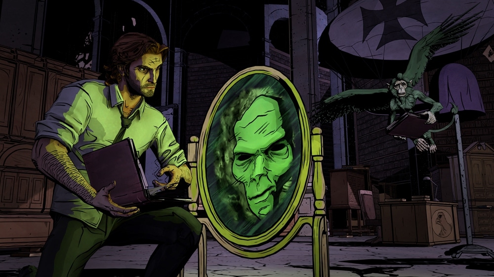 Screenshot from The Wolf Among Us, with Bigby talking to an enchanted mirror Screenshot from The Wolf Among Us, with Bigby talking to an enchanted mirror