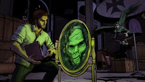 Screenshot from The Wolf Among Us, with Bigby talking to an enchanted mirror