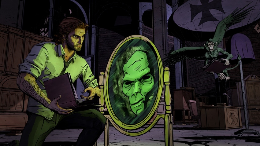 Screenshot from The Wolf Among Us, with Bigby talking to an enchanted mirror