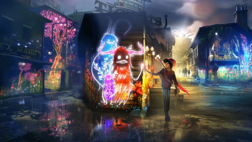 Key art for PixelOpus' Concrete Genie, showing the main character Ash look at his creations.