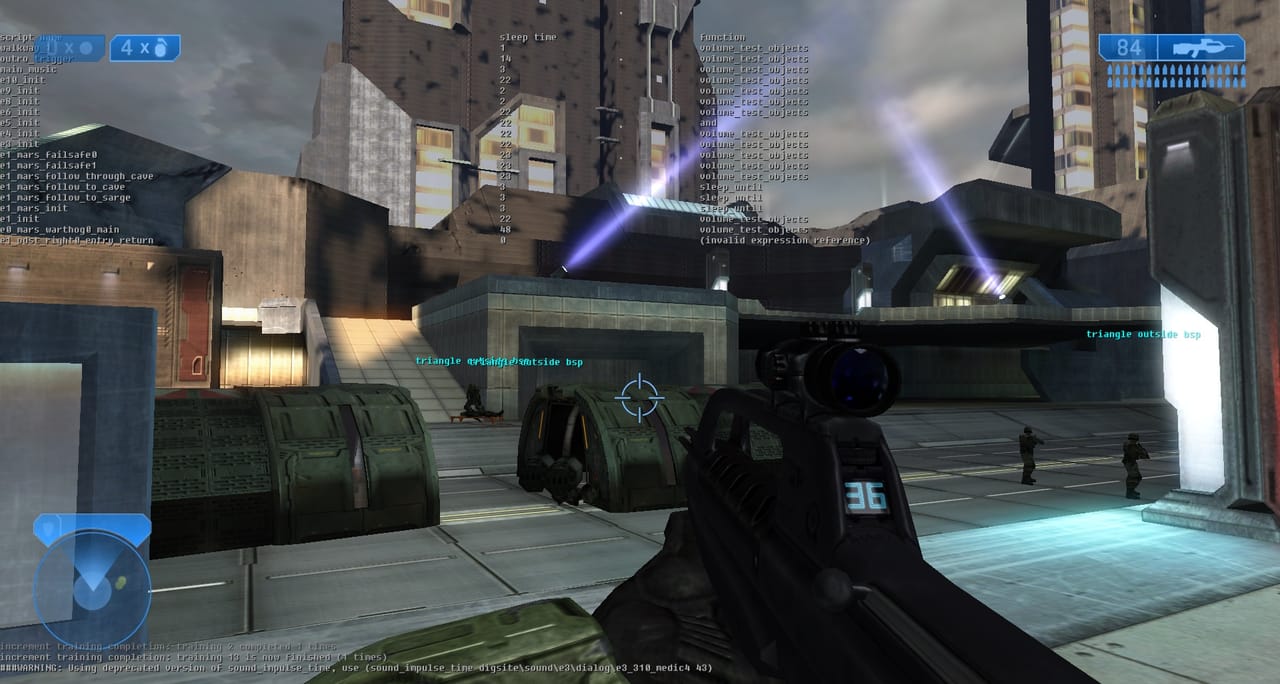 A screenshot of the 2003 E3 demo of Halo 2. A screenshot of the 2003 E3 demo of Halo 2.