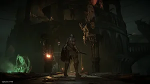 A knight stands before imposing architecture A knight stands before imposing architecture