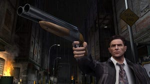 A screenshot of Max Payne 2. Max Payne brandishes a sawed-off double barreled shotgun.