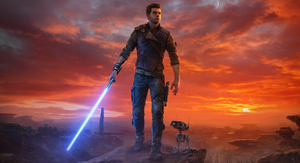 Star Wars Jedi: Survivor protagonist Cal Kestis wields a blue lightsaber against an orange sky.