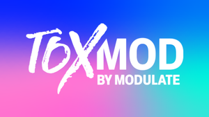 The Toxmod logo on a blue, turquoise and pink field