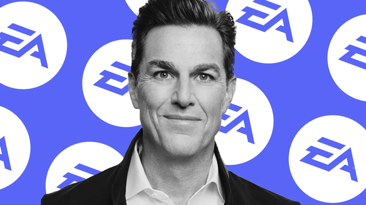 A headshot of Andrew Wilson overlaid on a background featuring the EA logo A headshot of Andrew Wilson overlaid on a background featuring the EA logo