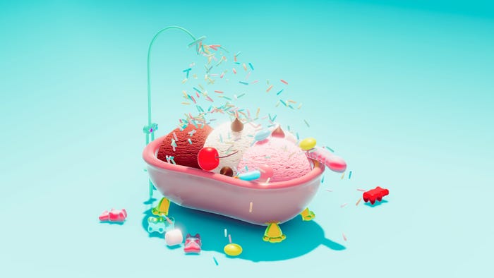 A bathtub filled with ice cream. A showerhead sprays sprinkles on it
