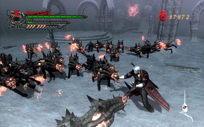 Dante faves off against an army of demon dogs.