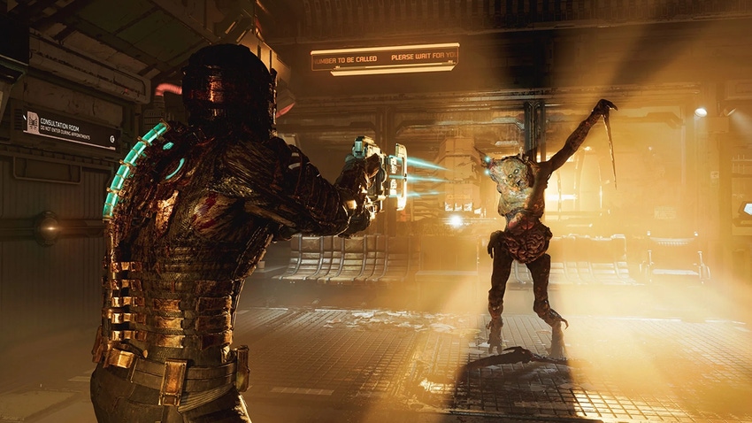 Key art for the game Dead Space showing Isaac aiming at a necromorph