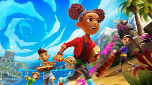 Key art for Survival Kids. Four cartoon kids play on a desert island. Key art for Survival Kids. Four cartoon kids play on a desert island.