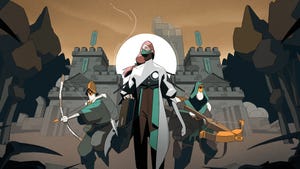 Key art from Cataclismo. A masked woman and two archers stand in front of a fantasy castle.