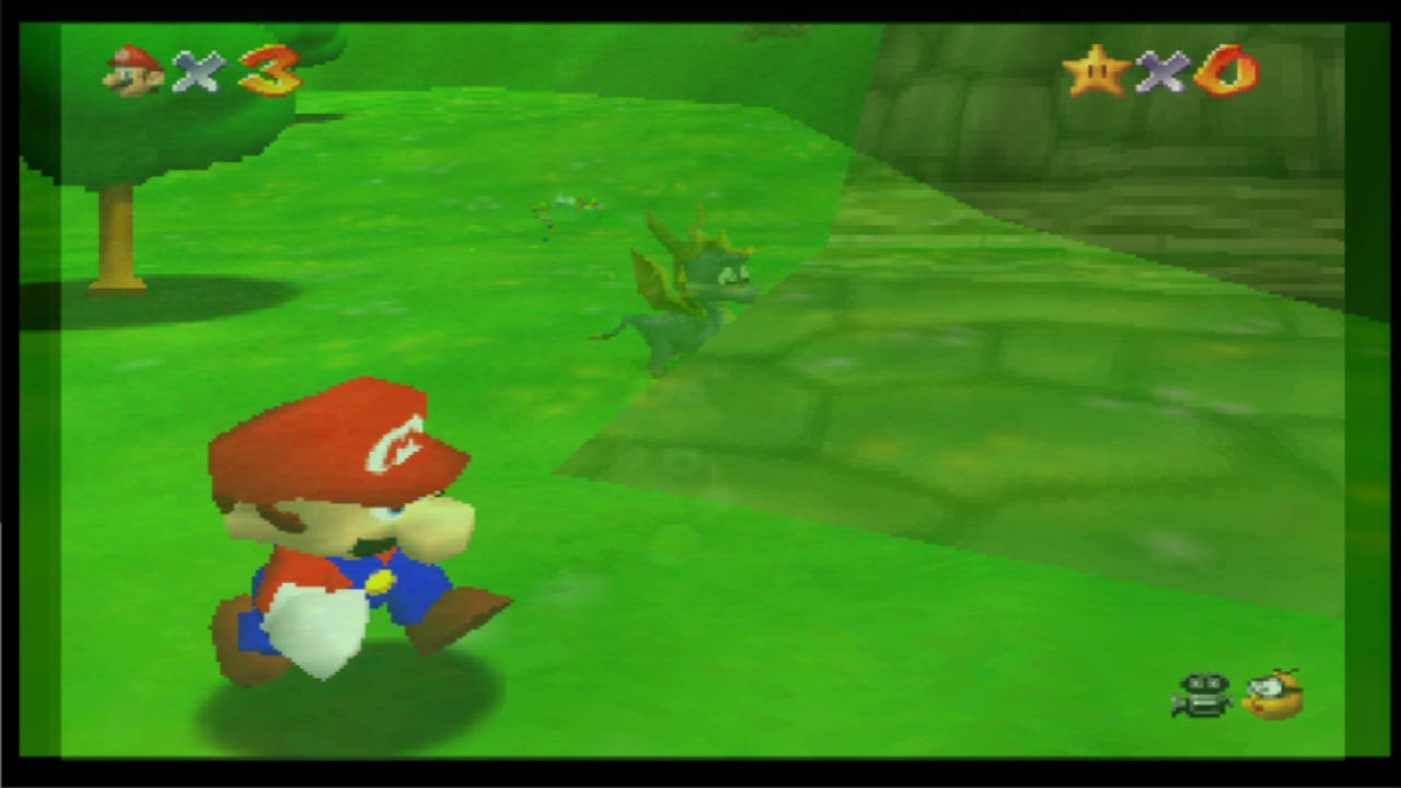 A screen from the game combining Super Mario 64 and Spyro, colorful characters on bright green fields A screen from the game combining Super Mario 64 and Spyro, colorful characters on bright green fields