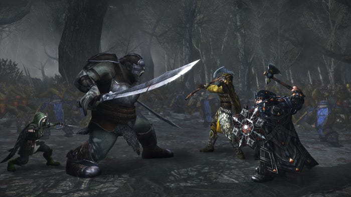 A screenshot from The Lord of the Rings Online. A party fights a massive orc. A screenshot from The Lord of the Rings Online. A party fights a massive orc.